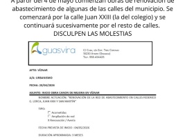 Aviso comienzo de obras de renovación del abastecimiento de algunas de las calles de municipio