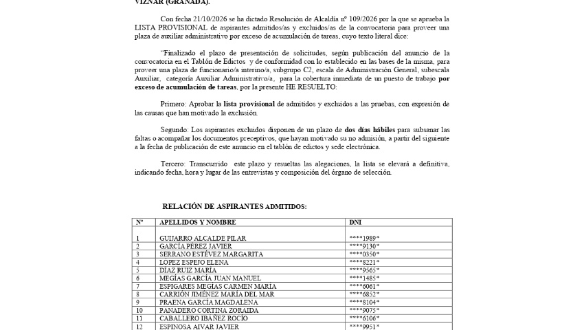 LISTADO PROVISIONAL DE ASPIRANTES ADMITIDOS/AS Y EXCLUIDOS/AS DE LA CONVOCATORIA PARA PROVEER UNA PLAZA DE AUXILIAR ADMINISTRATIVO POR EXCESO DE ACUMU...