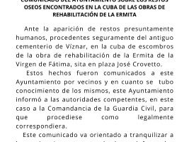 Comunicado del ayuntamiento sobre los restos óseos encontrados en la cuba de las obras de la rehabilitación de la ermita