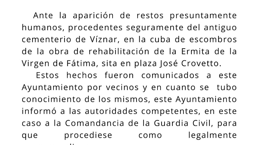 Comunicado del ayuntamiento sobre los restos óseos encontrados en la cuba de las obras de la rehabilitación de la ermita